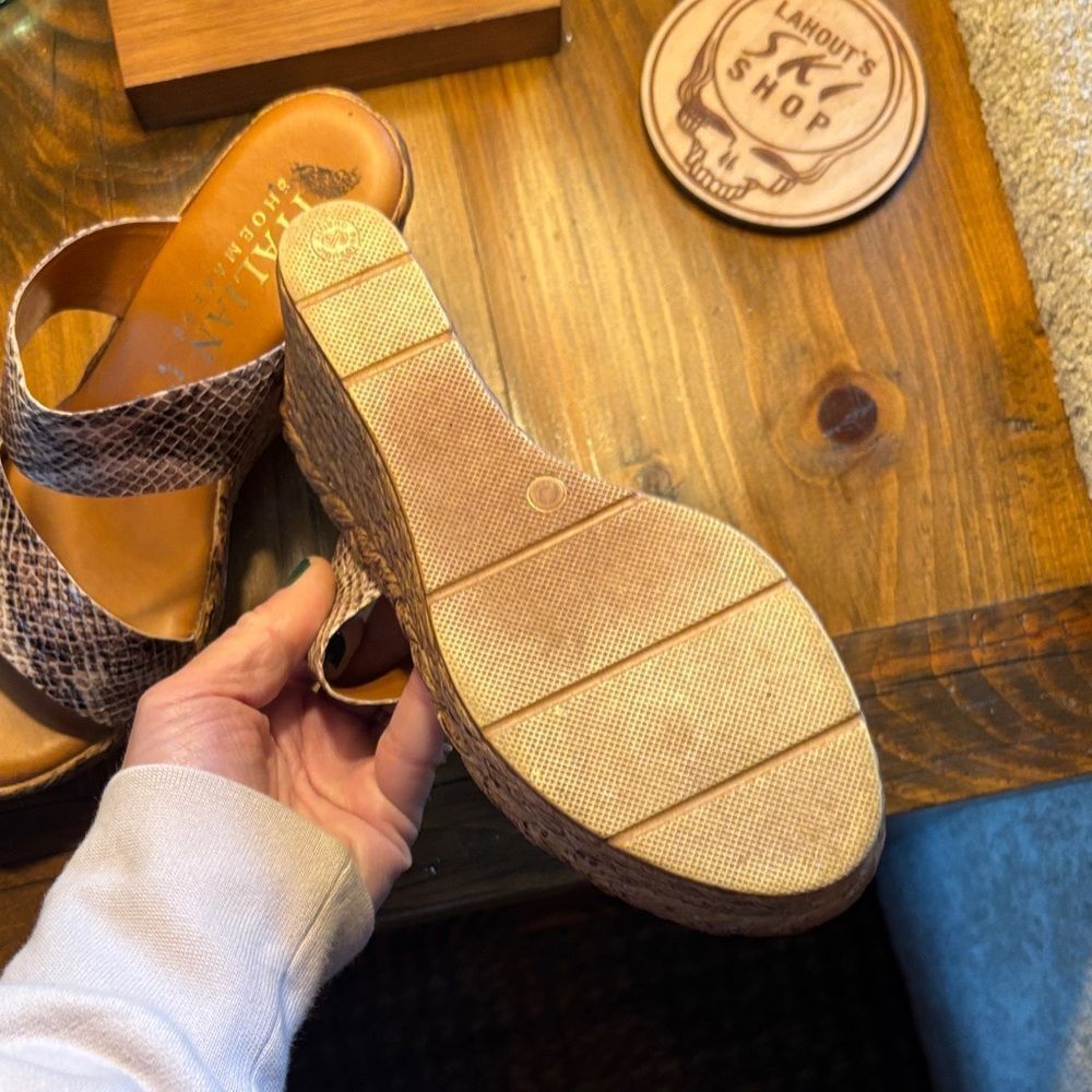 Italian Shoemakers Snakeskin Wedges - Brown and Cream - Picture 7 of 9